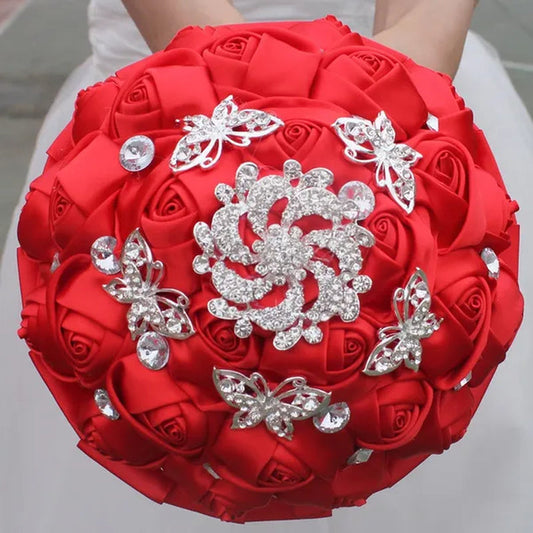 18CM Stunning Red Butterfly Diamond Flowers Brooch Stitch Wedding Bouquet Mariage Polyester Bride Holding Flowers Ribbon Bridesmaid Bouquet - WORLD TIME VISITS
