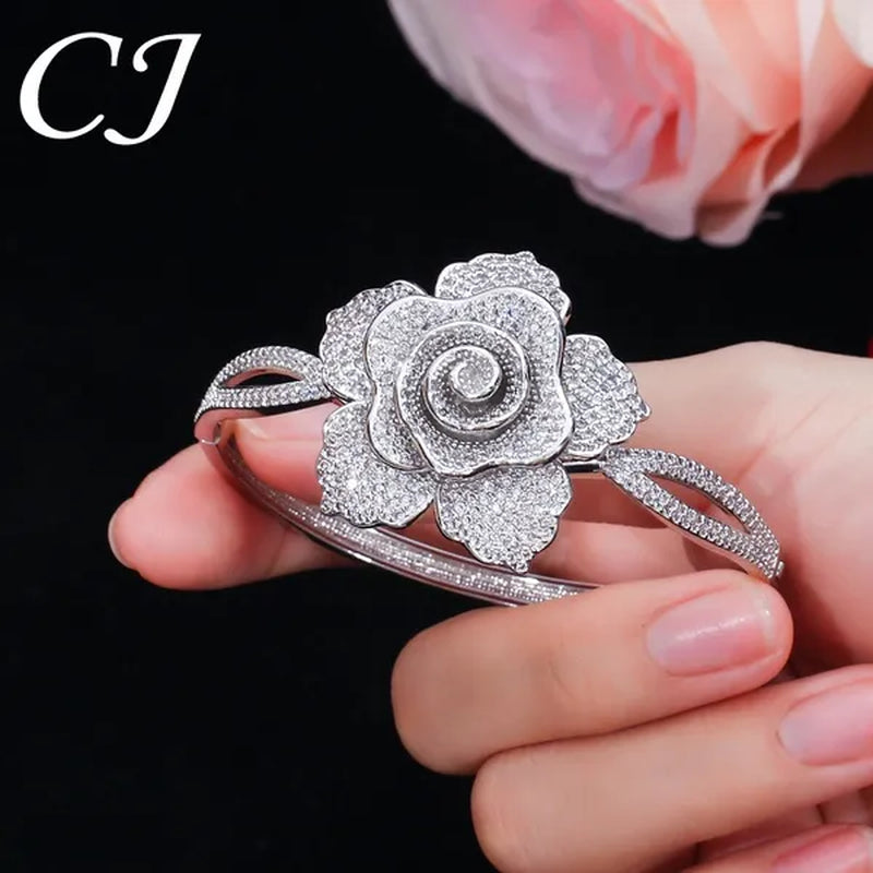 CANDICE Exquisite Open Cuff Style Paving Cubic Zirconia White Gold Plating Women Large Flower Bangle Bracelets Jewelry for Evening Party Wedding