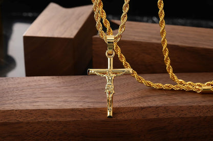 Crucifix Cross Necklace 18K Gold Plated Cross Pendant with 3Mm 22" Rope Chain for Men Women