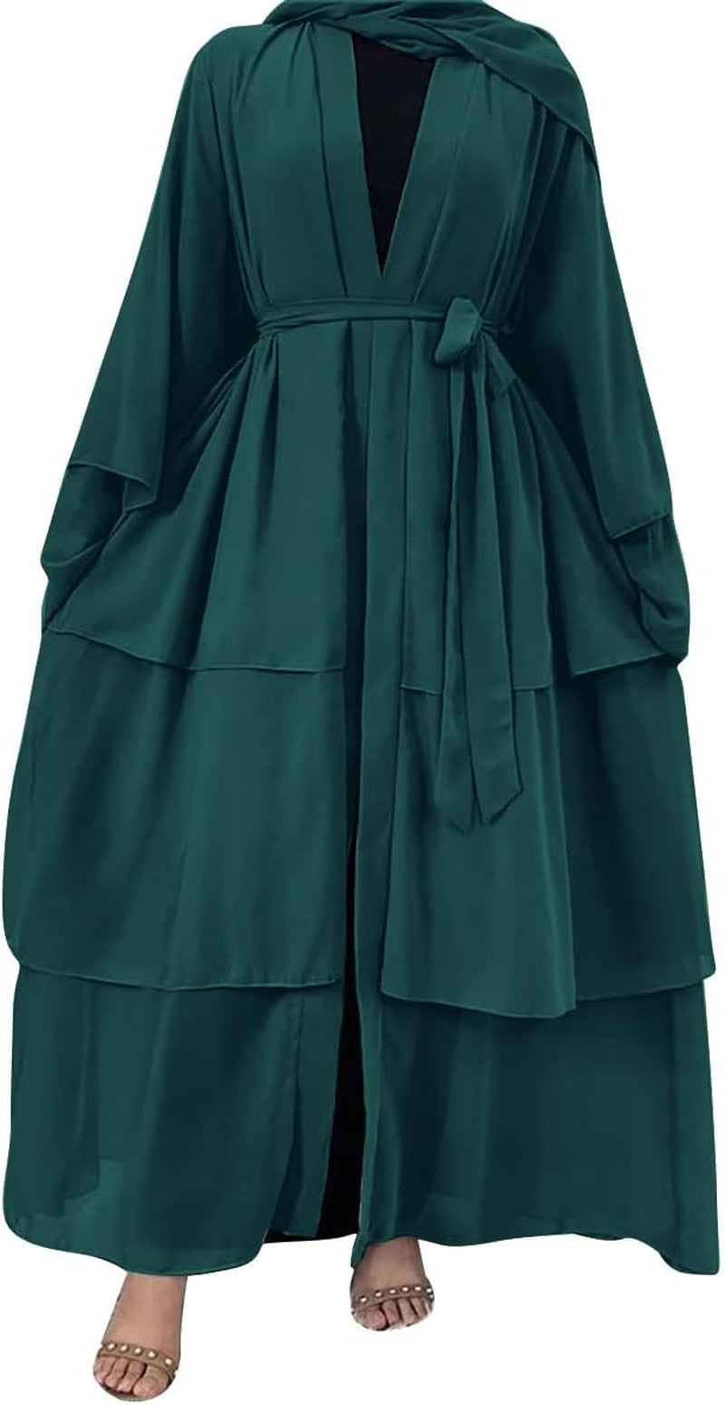 Muslim Chiffon Abaya for Women Open Front Cardigan Modest Dress with Hijab Scarf Middle East Arabian Robe Islamic Long Dress