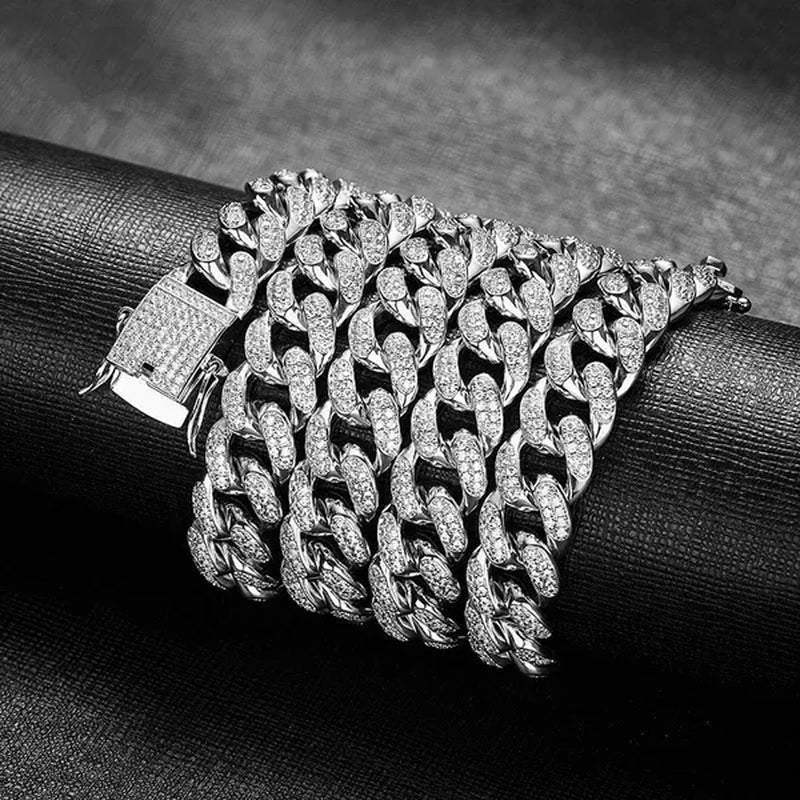 1pc Iced Out Bling Rhinestone Crystal Gold Finish Miami Cuban Link Chain Diamond Gold/925 Silver Men's Hip Hop Necklace or Bracelet Jewelry 8/20/24/28 Inch