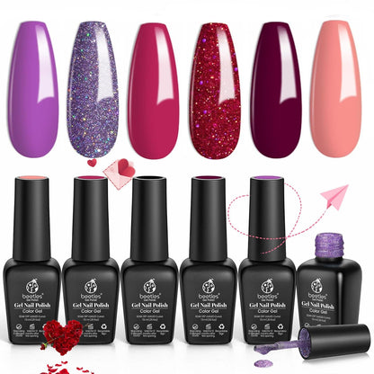 Beetles Glitter Gel Nail Polish Kit 6 Colors Purple Pink Burgundy Red Gel Nail Polish Soak off Uv LED Gel Nail Polish Kit Minicure DIY Home Gift for Girls