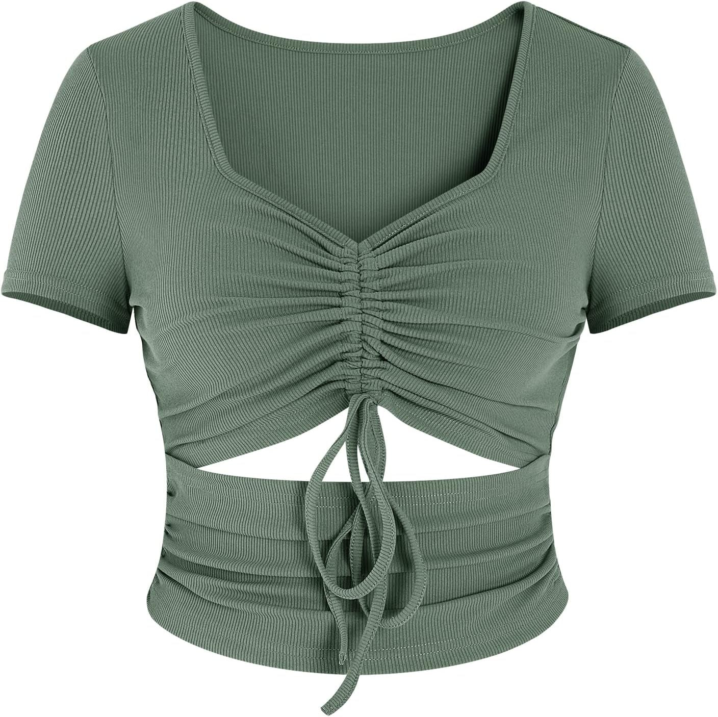 Women'S Summer Sexy Crop Top Ruched Y2K V Neck Slim Short Sleeve Casual Basic Knit T Shirt Workout Tops Army Green