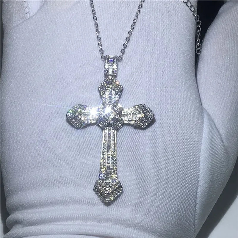 Luxury Big Cross Pendants 5A Zircon Cz Diamond Silver Wedding Pendant with Necklace for Women Men Jewelry