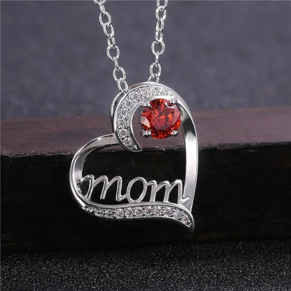 Love Mum Silver Plated Ruby MOM Character Emerald Necklace Jewelry Family Birthday Best Gift for Mother Mummy Party Wedding Band Necklace Christmas Gift