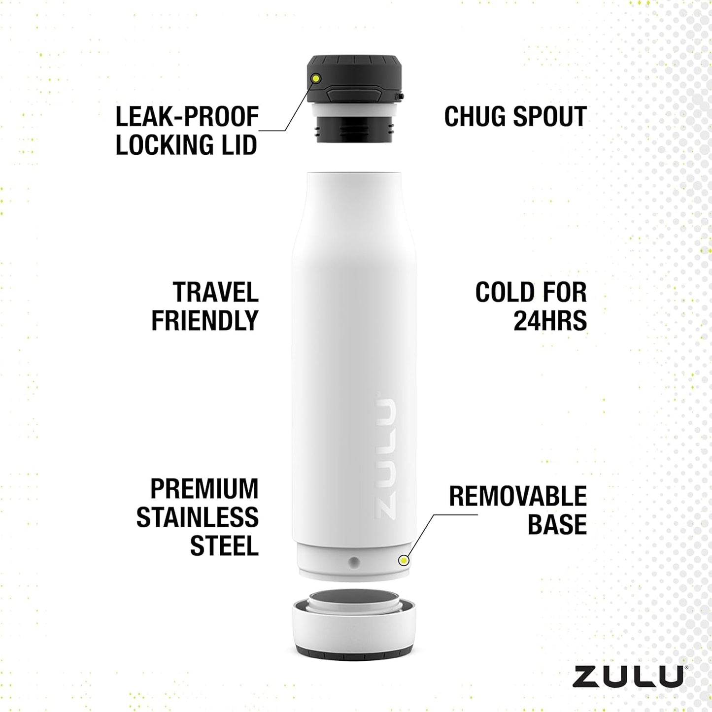 Ace Vacuum Insulated Stainless Steel Water Bottle with Chug Spout, Leak-Proof Locking Lid and Removable Base for School, Backpack, Sports, Gym, Travel