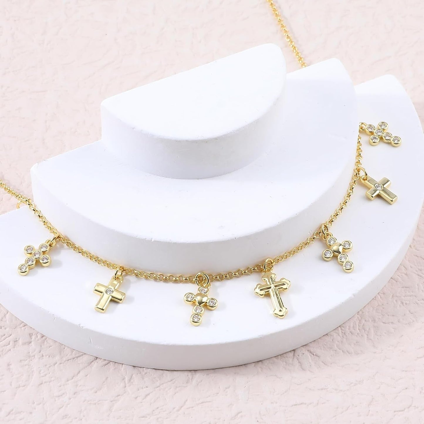 Gold Charm Necklace for Women 14K Gold Plated Cute Cubic Zirconia Rainbow Flower North Star Love Heart Cross Pendant Necklace Adjustable Chain Trendy Party Jewelry Gift for Women