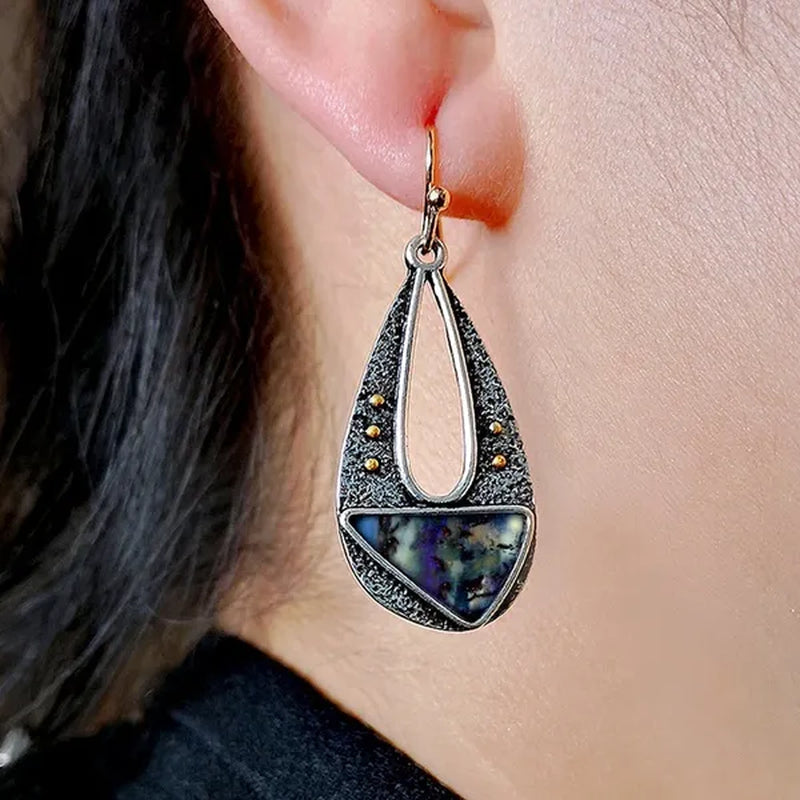 1 pair Antique 925 Sterling Silver Pendant Earrings Natural Gemstone Inlay Dangle Earrings Bridal Engagement Wedding Anniversary Gift  Bohemian Style Earrings