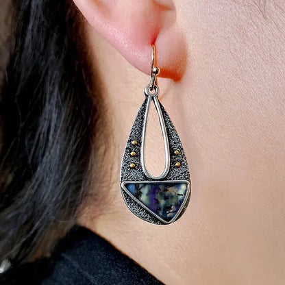 1 pair Antique 925 Sterling Silver Pendant Earrings Natural Gemstone Inlay Dangle Earrings Bridal Engagement Wedding Anniversary Gift  Bohemian Style Earrings
