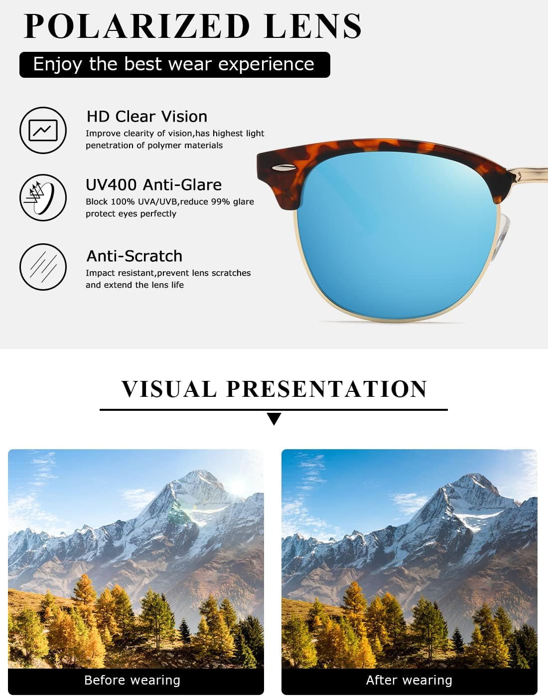 Polarized Sunglasses for Women and Men Semi Rimless Frame Retro Sun Glasses AE0369