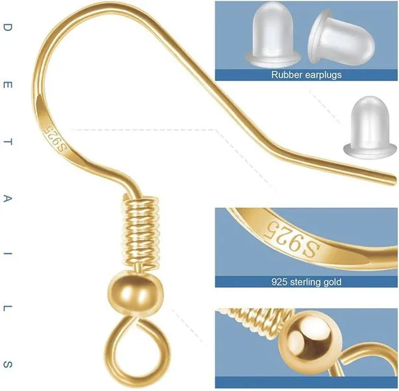 925 Sterling Silver Earring Hooks, 300PCS Earring Hooks Kit - 100PCS Hypoallergenic Earring Hooks for Jewelry Making with 100PCS Open Jump Rings and 100PCS Rubber Earring Backs