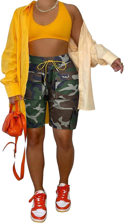 Women Camo Shorts Slim Fit Camouflage Cargo Shorts Casual Army Fatigue Shorts with Pockets