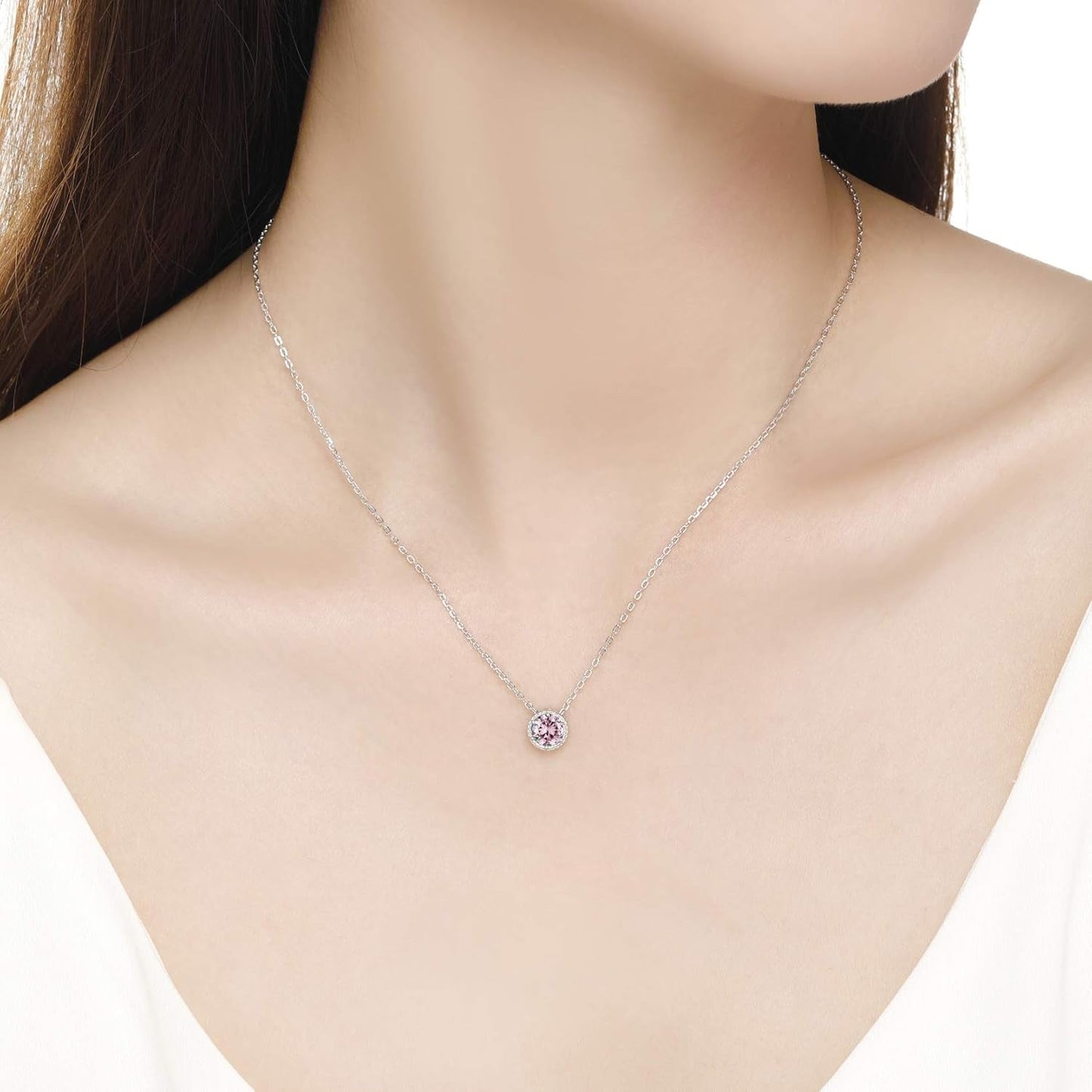 Sterling Silver Dainty Birthstone Pendant Necklace S925 White Gold Tiny Solitaire CZ Pendant Birthday Gift for Women - WORLD TIME VISITS