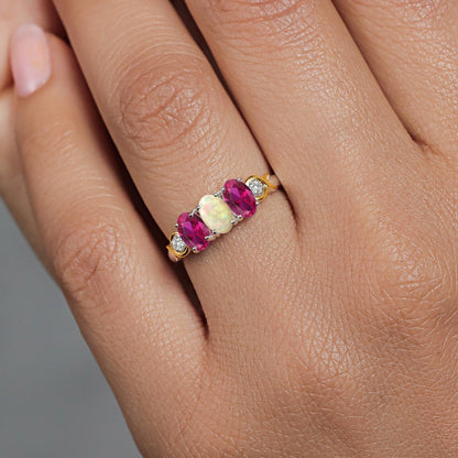 1.34 Ct Oval Cabochon White Ethiopian Opal Red Created Ruby 925 Silver and 10K Yellow Gold G-H Lab Grown Diamond Women Ring