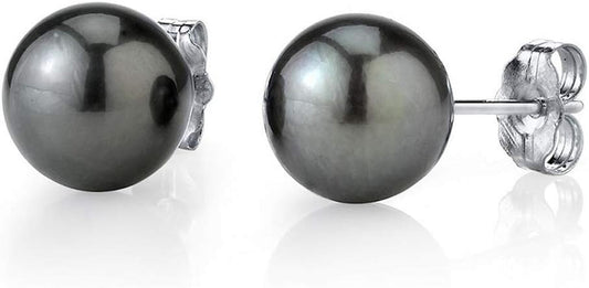 Tahitian Real Pearl Earrings for Women - Black 14K Gold Stud Earrings | Hypoallergenic Earrings with Genuine Cultured Pearls, 8.0Mm-12.0Mm