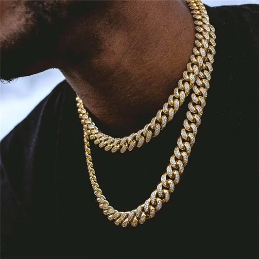 2022 New Gold/Silver Titanium Steel Chain Full Diamond Miami Cuban Link Necklace Men Punk Necklace