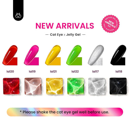 Beetles Gel Nail Polish Set, 6 Colors Silver Cat Eye Gel Polish Sheer Jelly Red Pink Yellow Green Black Neon Gel Translucent Glitter Effect with Magnet Soak off UV Manicure Gifts for Women