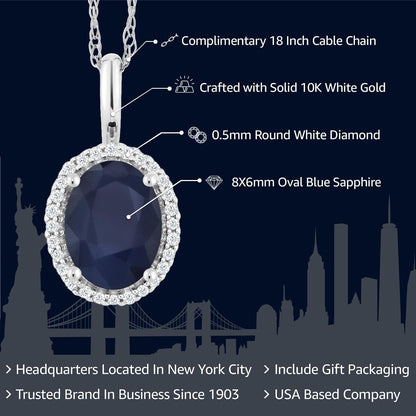 10K White Gold Gemstone Birthstone and White Diamond Necklace | Halo Pendant Necklace for Women | Oval 8X6MM | White Gold Necklace | with 18 Inch Chain