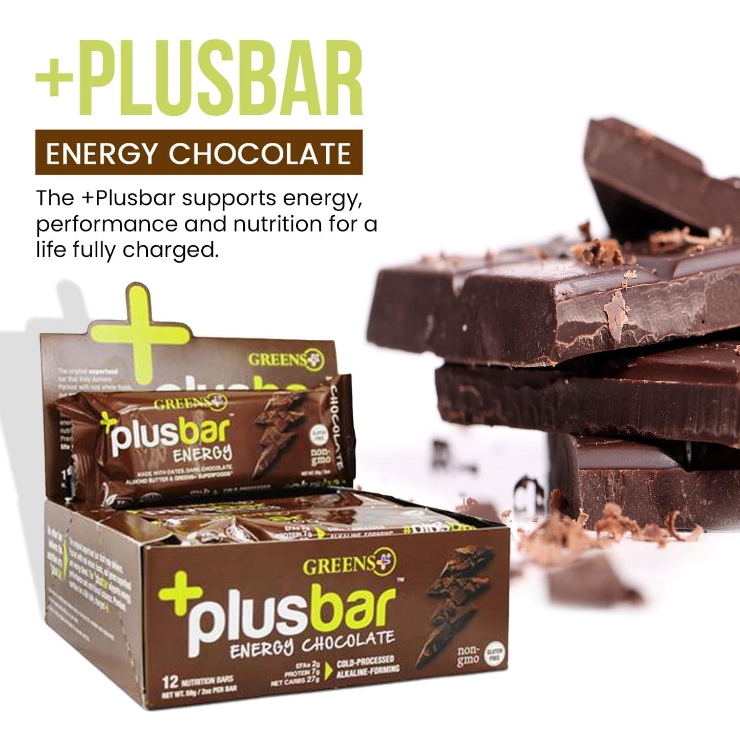 Plusbar Energy Bars, Chocolate, Gluten Free Healthy Snacks with Organic Super Greens, Superfoods & Dark Chocolate, Vegan, Dairy Free & Non GMO, 8G Protein Meal Replacement Bars, 12 Bars