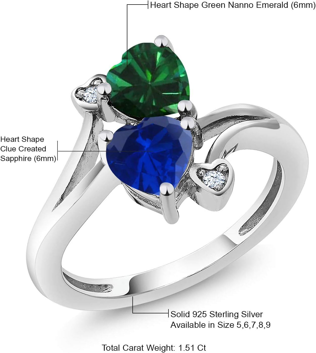 925 Sterling Silver Green Nano Emerald Blue Created Sapphire Ring for Women (1.51 Cttw, Heart Shape 6MM, Gemstone May Birthstone, Available in Size 5, 6, 7, 8, 9)