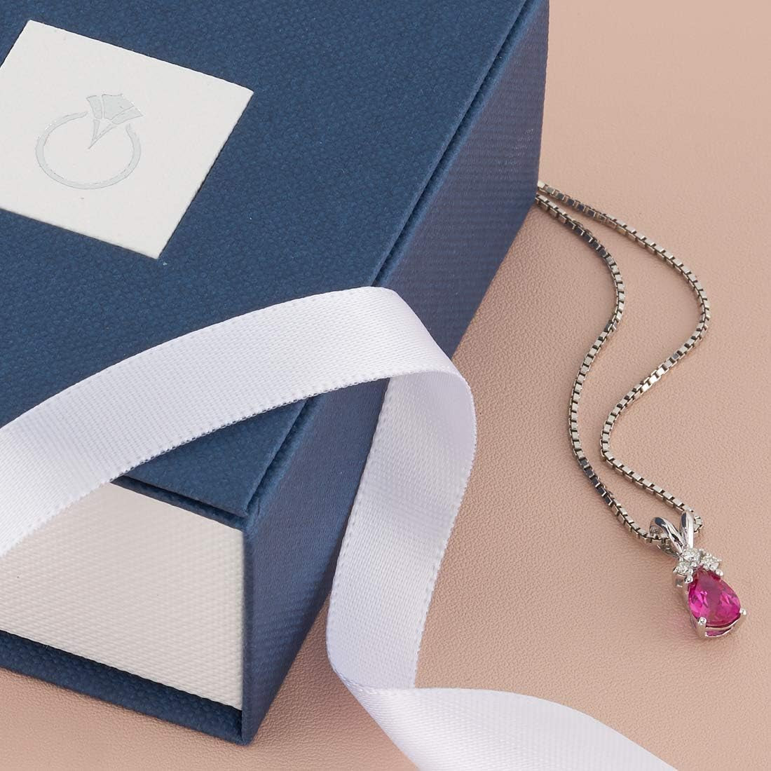 Solid 14K White Gold Created Ruby with Genuine Diamonds Pendant for Women, Dainty Teardrop Solitaire, Pear Shape, 7X5Mm, 1 Carat Total