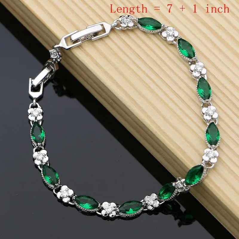 Flower Shaped 925 Silver Jewelry Green Emerald White Crystal Jewelry Sets Women Earrings/Pendant/Necklace/Rings/Bracelet