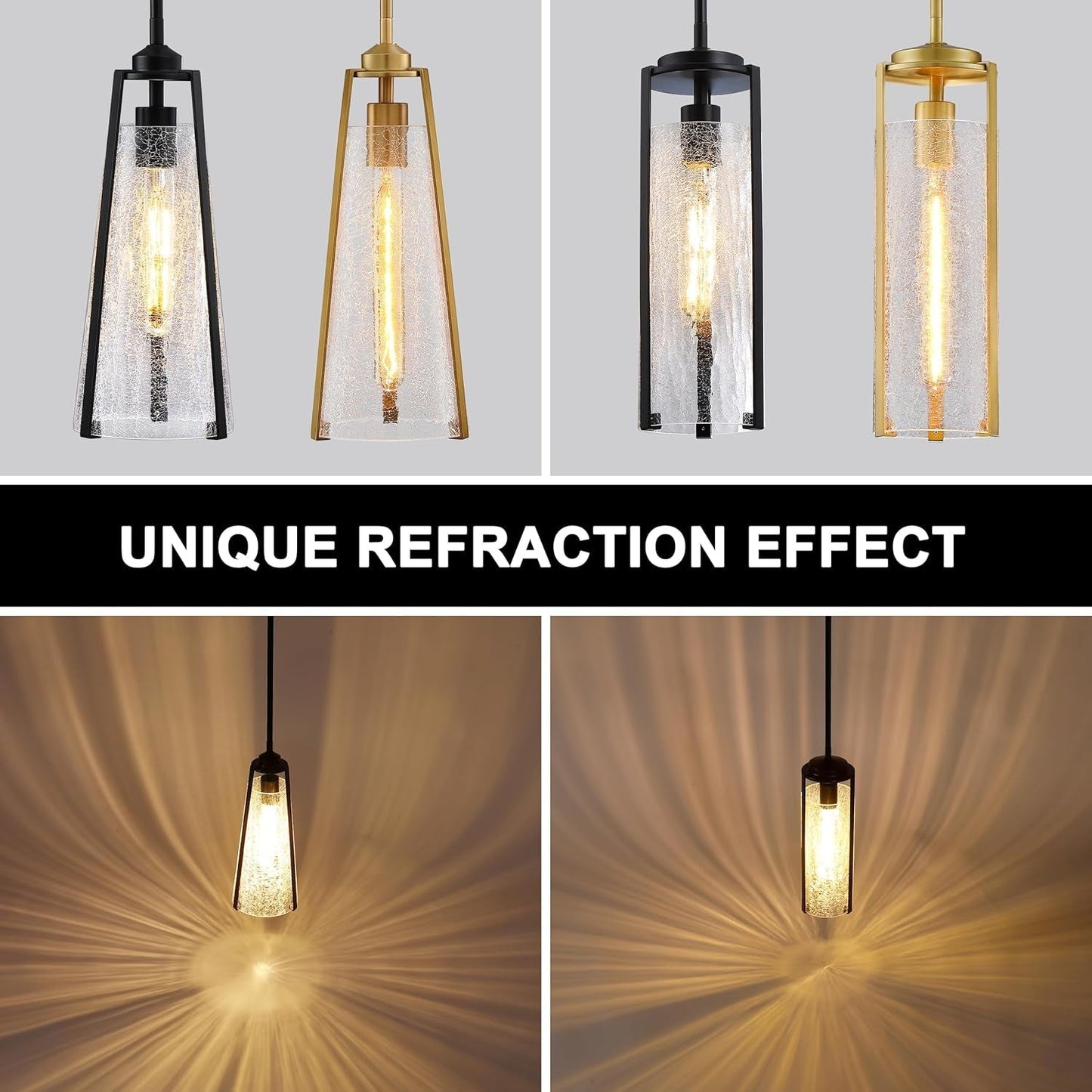 Crackle Glass Pendant Lights Black Hanging Ceiling Light Fixtures 14" Farmhouse Chandelier Adjustable Metal Cord for Dining Room Kitchen Island Bedroom Foyer, T10 Bulb Included