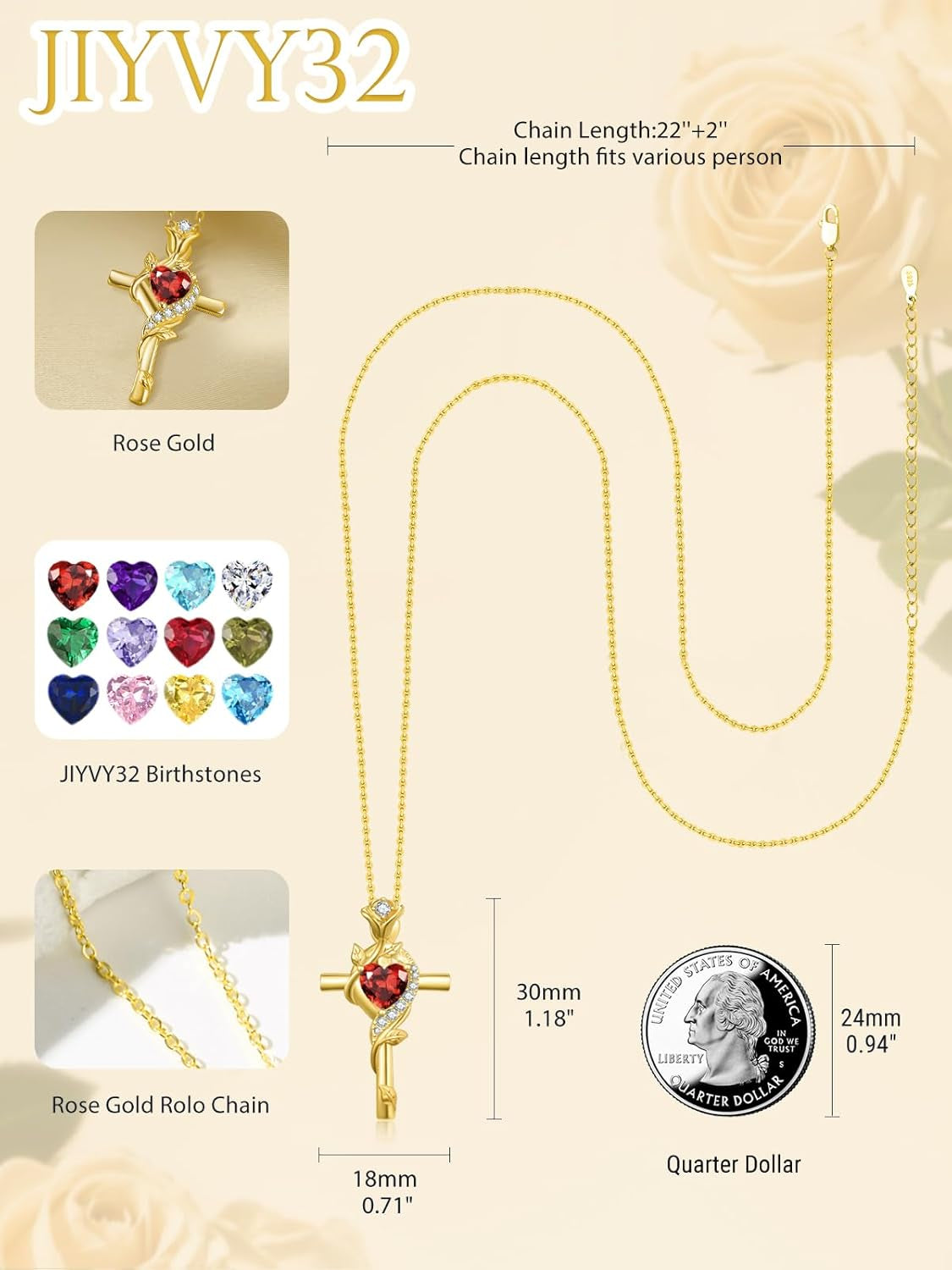 Rose Cross Necklaces for Women, 14K/18K/24K Gold/Rose Gold Cross Jewelry with Birthstone Pendant, Valentines Day Birthday Gifts for Women, 18+2 Inch Chain - WORLD TIME VISITS