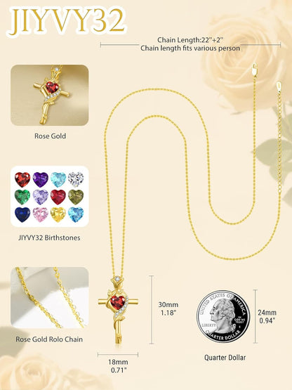 Rose Cross Necklaces for Women, 14K/18K/24K Gold/Rose Gold Cross Jewelry with Birthstone Pendant, Valentines Day Birthday Gifts for Women, 18+2 Inch Chain - WORLD TIME VISITS