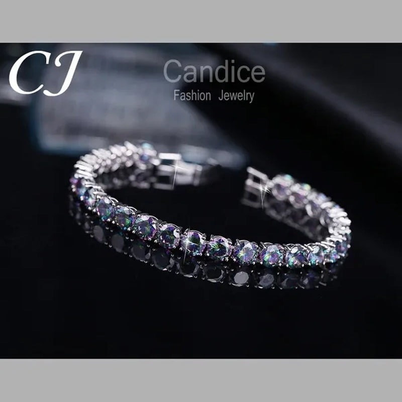 CANDICE Silver Plated Micro Pave round Rainbow Crystal Stone Women Tennis Bracelet for Evening Party Jewelry