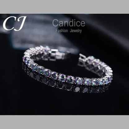 CANDICE Silver Plated Micro Pave round Rainbow Crystal Stone Women Tennis Bracelet for Evening Party Jewelry