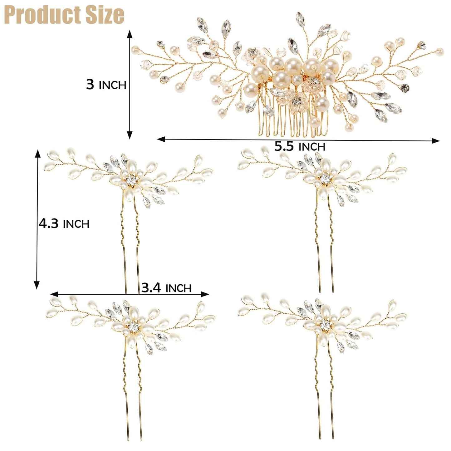 Hair Comb and 4 Pins Bridal Hair Accessories, Pearl Crystal Rhinestone Wedding Hair Comb and Hair Pins for Brides Bridesmaids Women Girls (Gold, 5 Pieces)