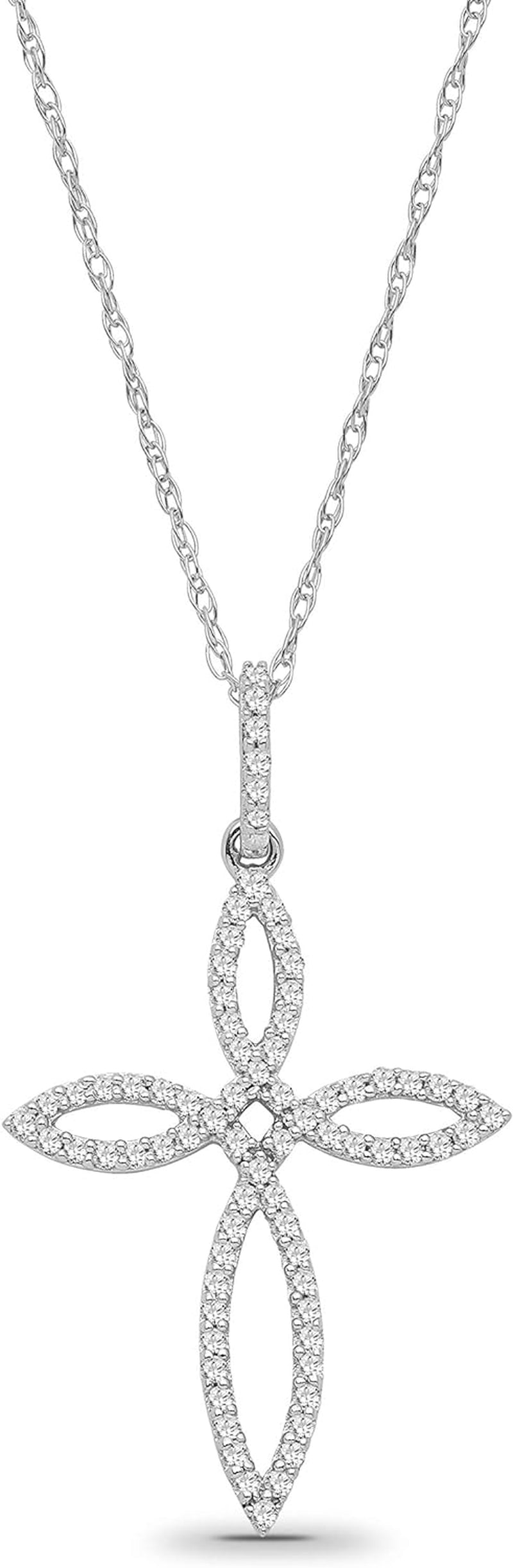 10K Gold or Silver Diamond Cross Pendant with Sterling Silver Rope Chain Necklace (1/4 Cttw, I-J Color, I2-I3 Clarity), 18"…