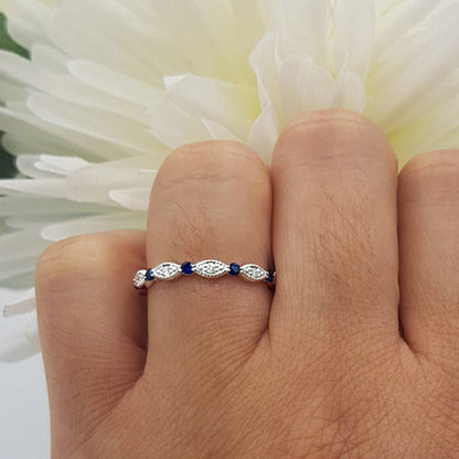 10K Gold round Blue Sapphire & White Diamond Ladies Wedding Eternity Band Stackable Ring