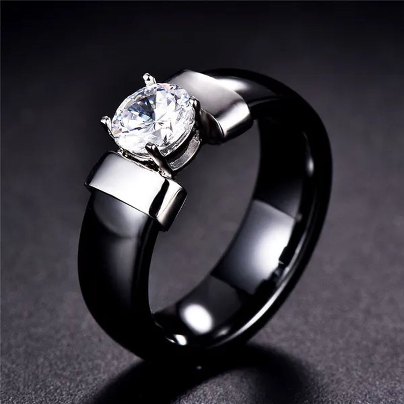 Fashion Male And Female Anti Allergy Black White Ceramic Ring Silver Gold Color  Diamond Solitare Ring Wedding Rings For Couple