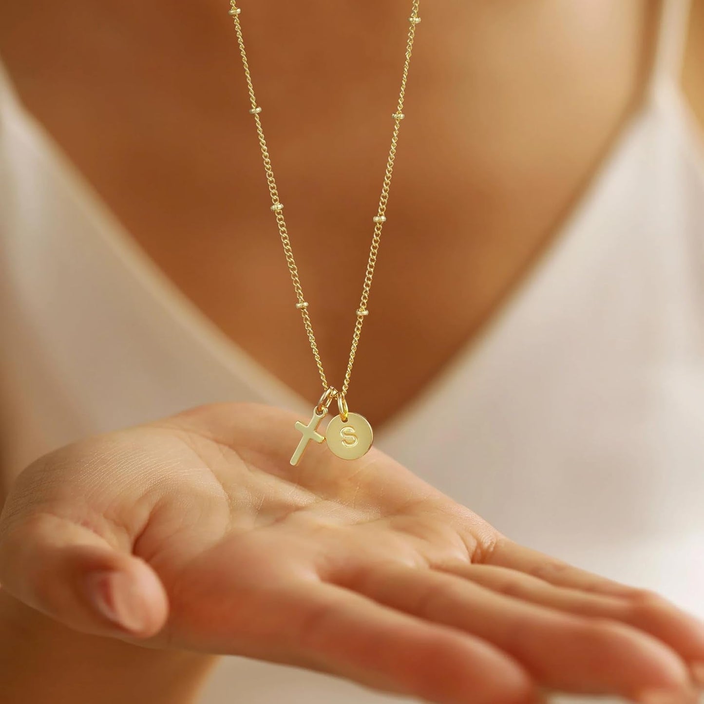 Valentines Day Gifts for Kids Teen Girls - Dainty 14K Gold Plated Cross Disc Initial A-Z Pendant Necklace Trendy Faith Jewelry Birthday Personalized Valentines Gifts for Women Girls