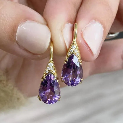 Teardrop Cut Amethyst Gemstone Earrings Gold Crystal Drop Earrings Bridal Romantic Wedding Party Fashion Earrings for Women