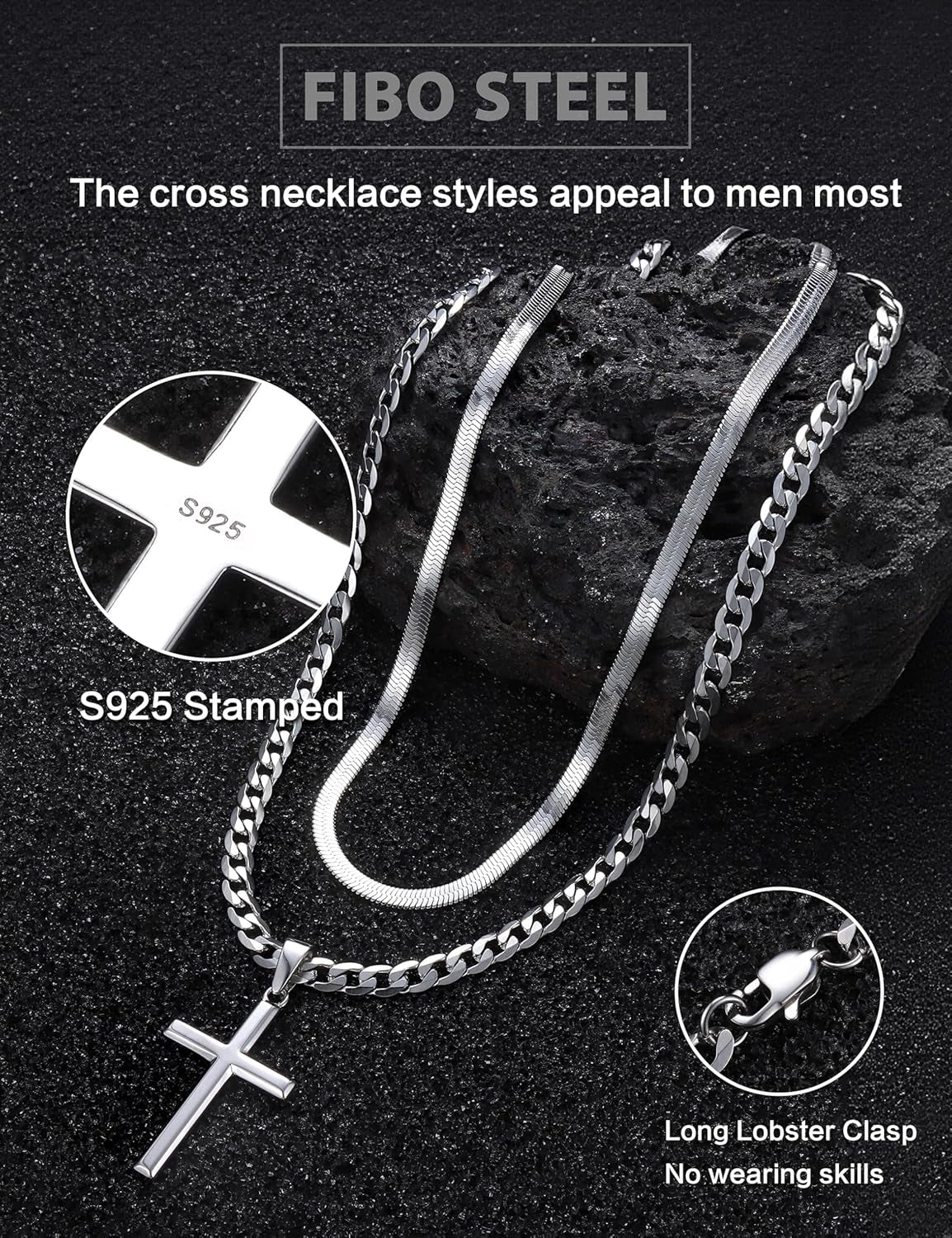 925 Sterling Silver Cross Necklace for Men - Waterproof Layered Sterling Silver Cross Pendant Necklaces Stainless Steel Cuban Link Herringbone Cross Chain Necklace Set Jewelry Gifts 16-30 Inches