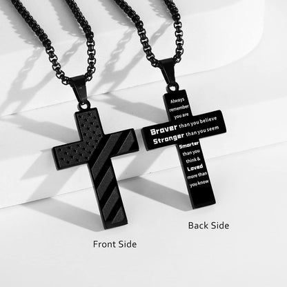 American Flag Cross Necklace for Men Stainless Steel Box Chain 22+2 Inch Inspirational Bible Verse Cross Pendant Patriotic Jewelry Personalized Christian Gift for Men - WORLD TIME VISITS