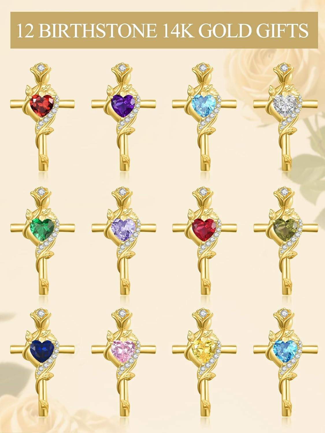 Rose Cross Necklaces for Women, 14K/18K/24K Gold/Rose Gold Cross Jewelry with Birthstone Pendant, Valentines Day Birthday Gifts for Women, 18+2 Inch Chain