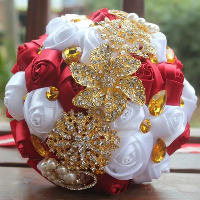Private Custom 18CM Wedding Bouquet Luxury Gold Crystal Brooch Bride Bouquet Pure Handmade Silk Rose Ribbon Wedding Bride Holding Flowers Multi-color Optional