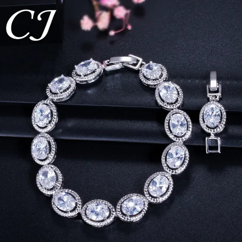 CANDICE Luxury Quality Oval Blue Crystal Women Strand Bracelet Bangles Setting Stylish Silver Plating CZ Hand Jewelry for Lady Anniversary Birthday Gifts