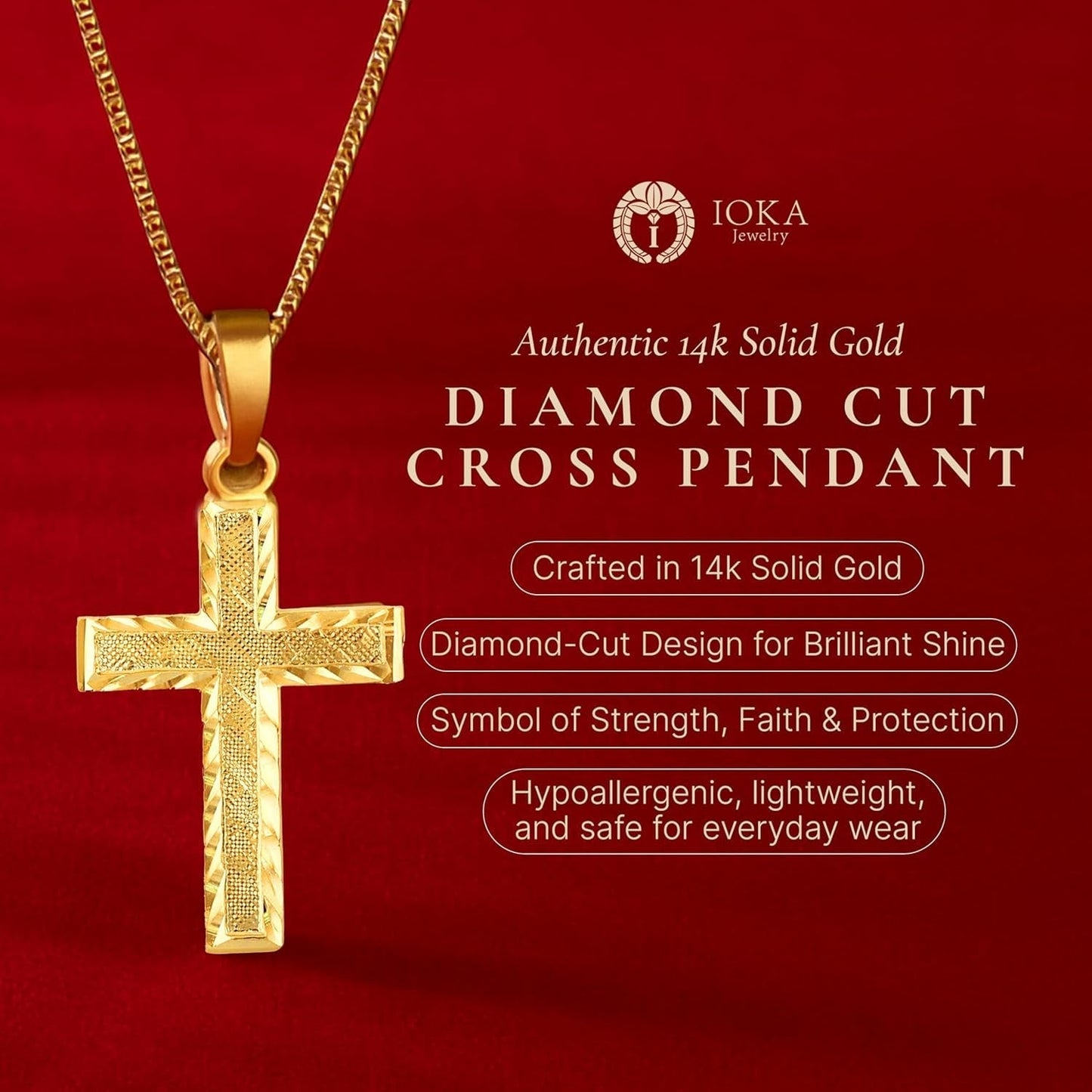 14K Yellow Solid Gold Cross Pendant for Men or Women in Two Sizes – 14 Karat Small Jesus Charm for Necklace or Chain – Thin Crucifix Jewelry Gift for Baptism, Confirmation, Christian, Religious or Everyday Wear