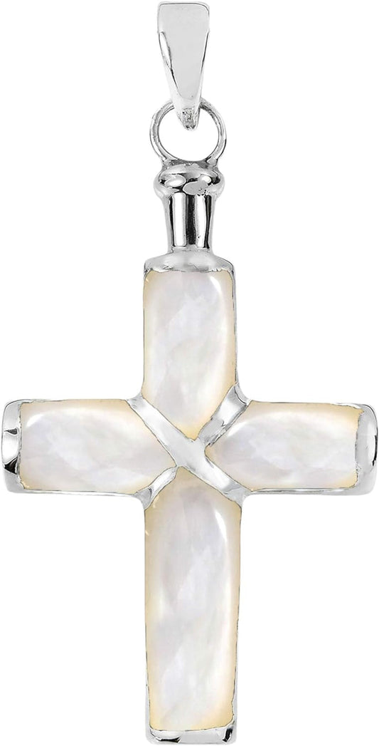 Christian Cross White Mother of Pearl Inlay .925 Sterling Silver Pendant | Mother of Pearl Christian Cross Pendant for Women | DIY Cross Charm
