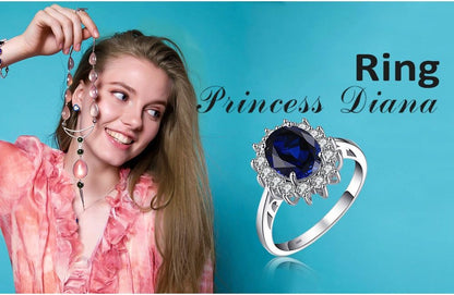 Princess Diana Kate Middleton Class Gemstone Birthstone Sapphire Halo Engagement Rings for Women, Anniversary 14K White Yellow Rose Gold Plated 925 Sterling Silver Promise Rings for Her
