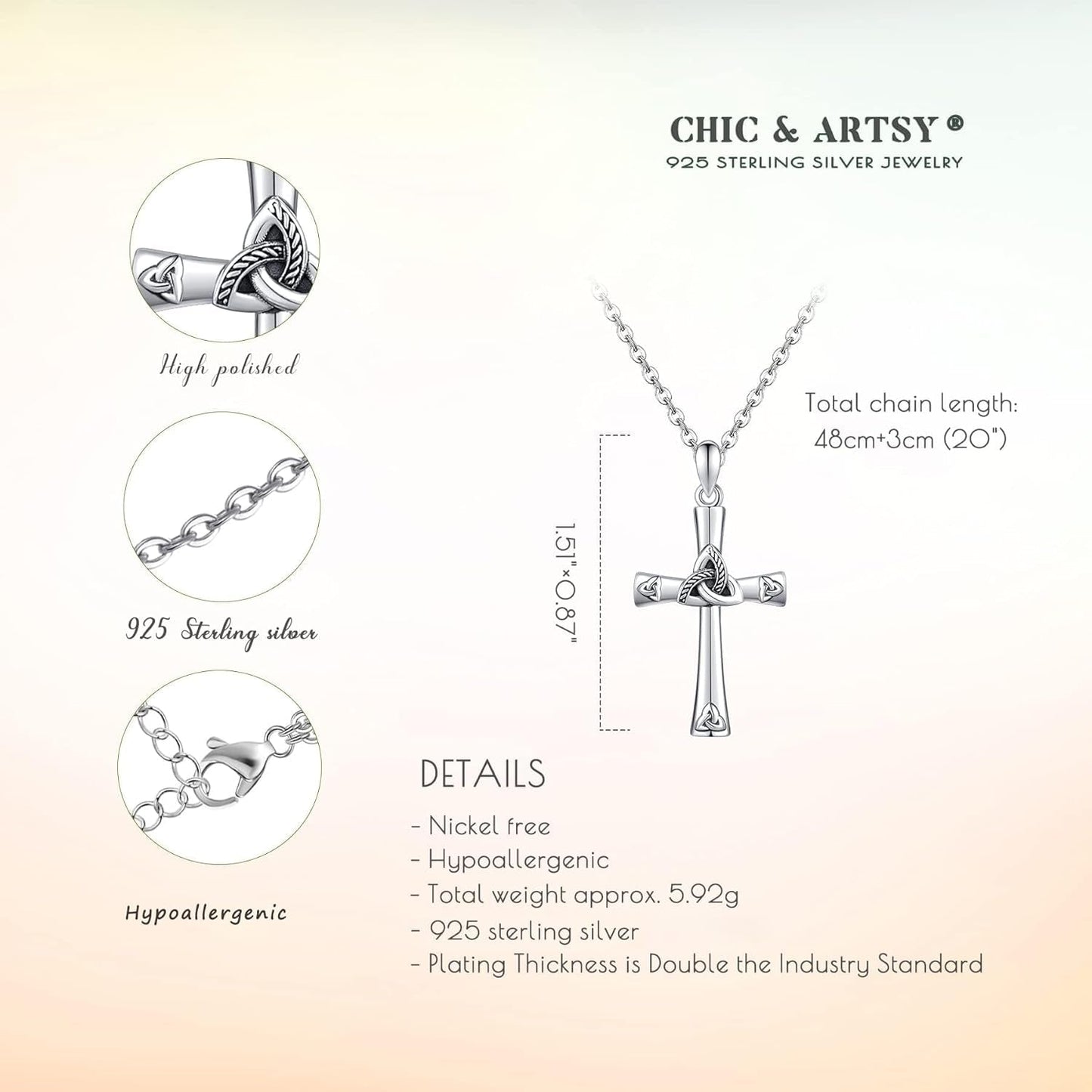 925 Sterling Silver Cross Necklace for Women - Trinity Celtic Knot Cross Heart Christian Pendant Necklace Dainty Fine Jewelry for Grandma Mom - 18" with 2" Extender
