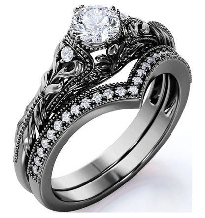 Engraved .68 Carat round Cut Real Diamond Victorian-Inspired Wedding Ring Set with Chevron Wedding Band in 10K Black Gold