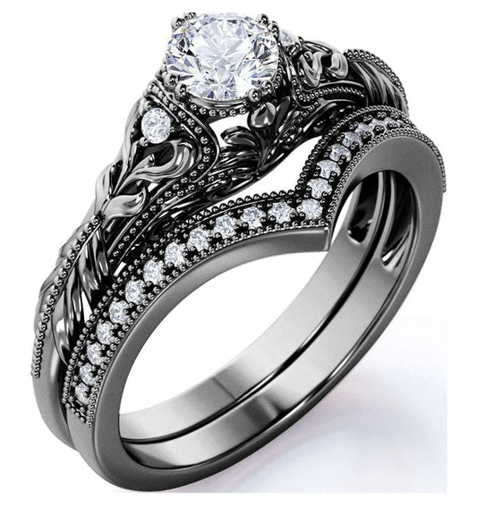 Engraved .68 Carat round Cut Real Diamond Victorian-Inspired Wedding Ring Set with Chevron Wedding Band in 10K Black Gold