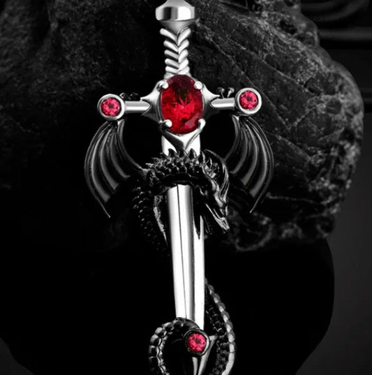 New High Quality Vintage Gothic Warrior Dragon and Ruby/Sapphire/Green Gem Sword Pendant Necklace Punk Men'S 316L Stainless Steel Party Jewelry Biker Jewelry Best Gifts for Men - WORLD TIME VISITS