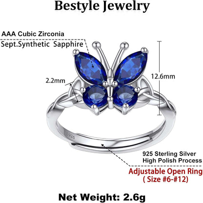Sterling Silver Birthstone Rings for Women, Dainty Butterfly Stackable Ring Adjustable Ideal Valentine'S Gifts for Her